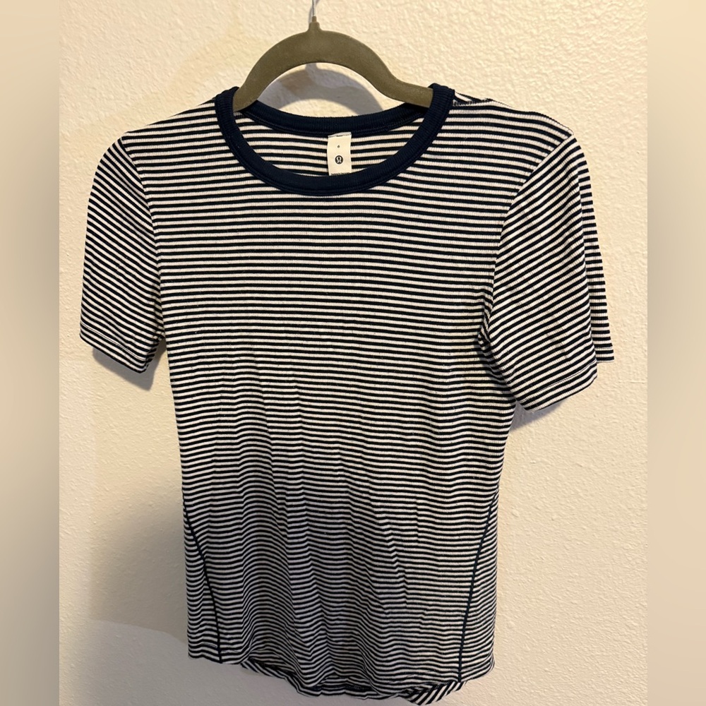 Striped Navy and White hold tight LuLulemon shirt